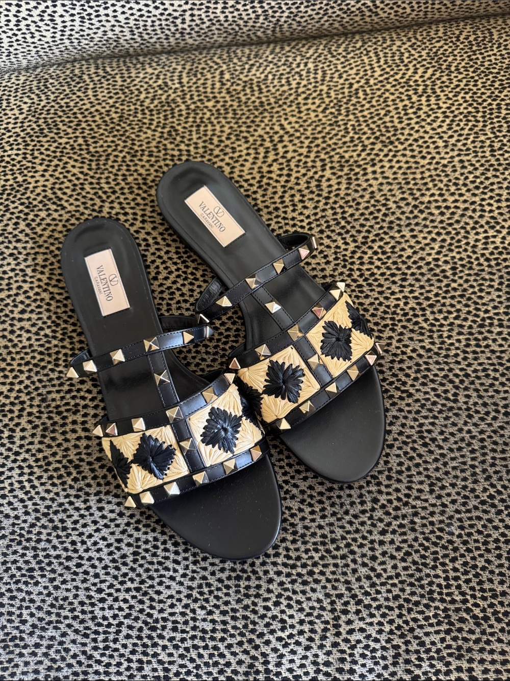 Valentino Black & Natural Raffia Rockstud Slide Sandals